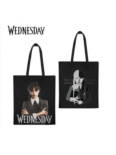 MGM 1PC Wedesday Officially Licensed Fabric Tote Bag Storage Bag Double-Sided Printing Large Capacity Casual Shoulder Handbags Made Of Premium Natural Canvas Pocket For Work Beach Travel And Shopping Grocery Birthday Chrismas Gift