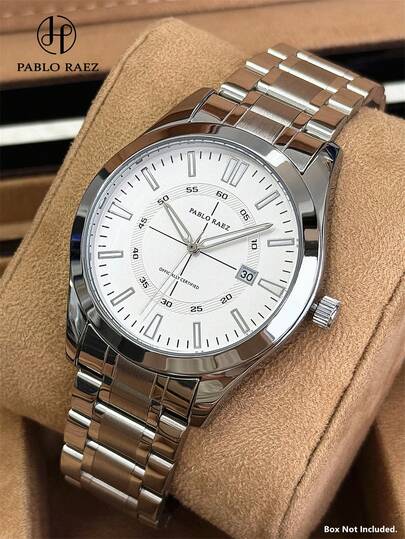  Pablo Raez 男士不锈钢腕表，全新正品，AAA级男士腕表，奢华时尚，经典设计，银色不褪色，50米防水，日历显示，男士实心重型钢表链，休闲石英表，高品质夜光指针，阿拉伯数字和条形刻度，黑色，高档商务腕表，适合日常佩戴，是送给父亲或男性朋友的毕业结婚礼物。