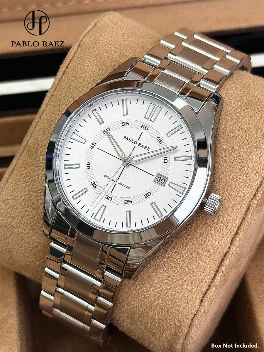 Reloj de hombre Pablo Raez 1 pieza de acero inoxidable, marca original, nuevo, AAA, diseño de marca de moda de lujo, plateado, resistente al agua 50M, calendario, reloj de hombre con brazalete de metal sólido pesado, reloj de cuarzo casual, alta calidad, agujas luminosas, números arábigos y escala de barras, negro, reloj de negocios premium, uso diario, regalo para padre o amigo masculino, regalo de graduación o boda