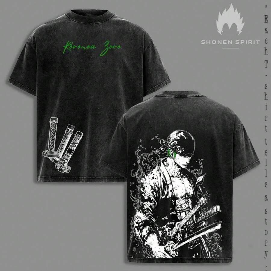 TeeRoronoa Zoro T-Shirt,  Anime Tee, Three Sword Style Shirt, Santoryu Graphic Top, Vintage Washed Streetwear, Green Aesthetic Design, Wano Arc Zoro Tee, Oversized Unisex Outfit, Shonen Spirit Collection Vintage Style Top - 黑色 - 查看 1