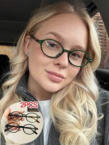 2 piezas Montura de gafas ovalada para mujer, marco ligero de policarbonato con lentes transparentes claros, estilo casual adecuado para uso diario en la oficina y el transporte, con estuche de gafas - Multicolor - Ver 1