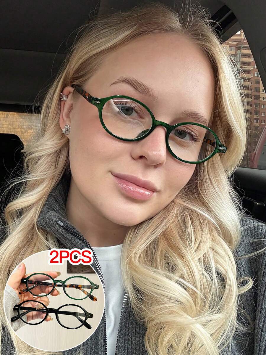 2 piezas Montura de gafas ovalada para mujer, marco ligero de policarbonato con lentes transparentes claros, estilo casual adecuado para uso diario en la oficina y el transporte, con estuche de gafas - Multicolor - Ver 1