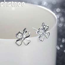 925纯银镀层镂空四叶草耳钉，女士派对订婚结婚礼物时尚首饰 - 銀 - 查看 4