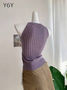 [Y6Y] Sleeveless Halter Neck Knit Tank Top, Women's Elegant Purple Blouse For Spring - Mauve Purple - View 2
