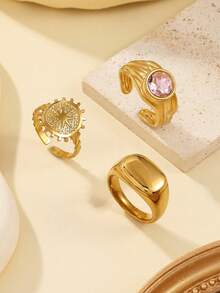 3件套18K镀金304不锈钢简约光滑圆形耳环，镶嵌圆形立方氧化锆，时尚优雅，适合女性日常佩戴 - 金黃色 - 查看 3