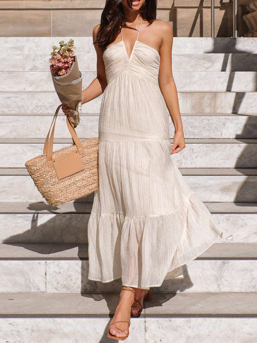 Vestido largo elegante para mujer, sin mangas, con cuello halter y estampado floral, vestido de verano con vuelo. - Blanco - Ver 1