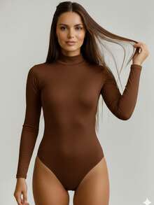 Women's Basic Second Skin Bodysuit Set With High Neck And Long Sleeves - High Fashion Blogger Style - 1 件(棕色) - 查看 3