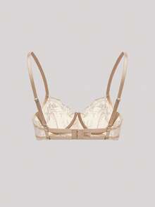 2 件套女士性感内衣套装，花卉刺绣网眼文胸，带钢圈罩杯和可调节内裤，透明蕾丝边内衣套装，春夏 - 香檳色 - 查看 4
