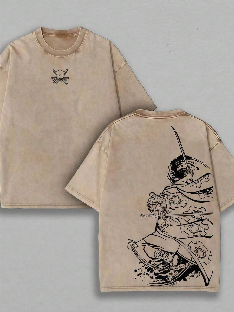 Men's Washed T-Shirt - Anime Y2K Print, INS American Retro Style, Unique, And Loose Fit Sword Warrior Floral Pattern Design Graphic Tees Vintage T Shirts 100 Percent Cotton - Cà phê nâu - Xem 1