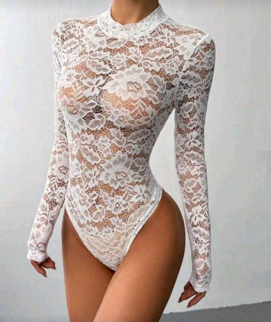 Women's Sexy Long Sleeve Tulle Lace Bodysuit With Delicate Flower, Transparent, Sizes S, M, L. Sensual Clothing, Night Outfit, Party Look, Elegant Style, Romantic, Lingerie, Fashion, , Blogger Style, Winter And Autumn, Night Out, All Print, Transparent, Cutout Fabric, Transparent, Cutout Fabric - 白色 - 查看 1