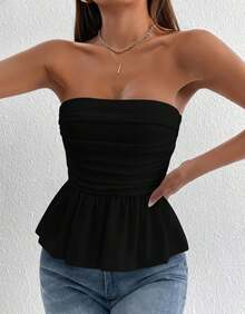 Women's Peplum Strapless Blouse With Ruffled Detail - Summer - màu đen - Xem 1