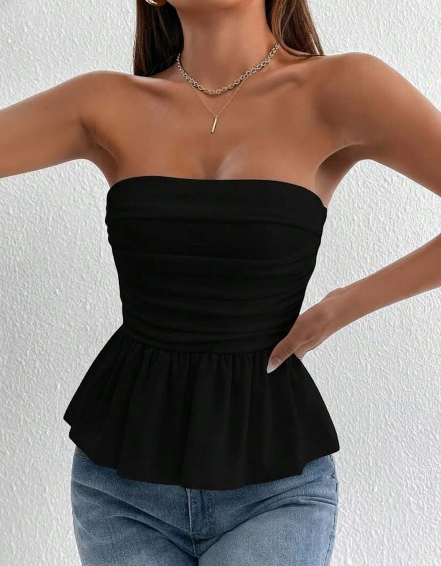 Women's Peplum Strapless Blouse With Ruffled Detail - Summer - màu đen - Xem 1