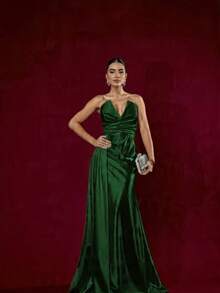 Strapless Dress With Slit For Graduation, Wedding Party, Bridesmaid - 綠色 - 查看 1