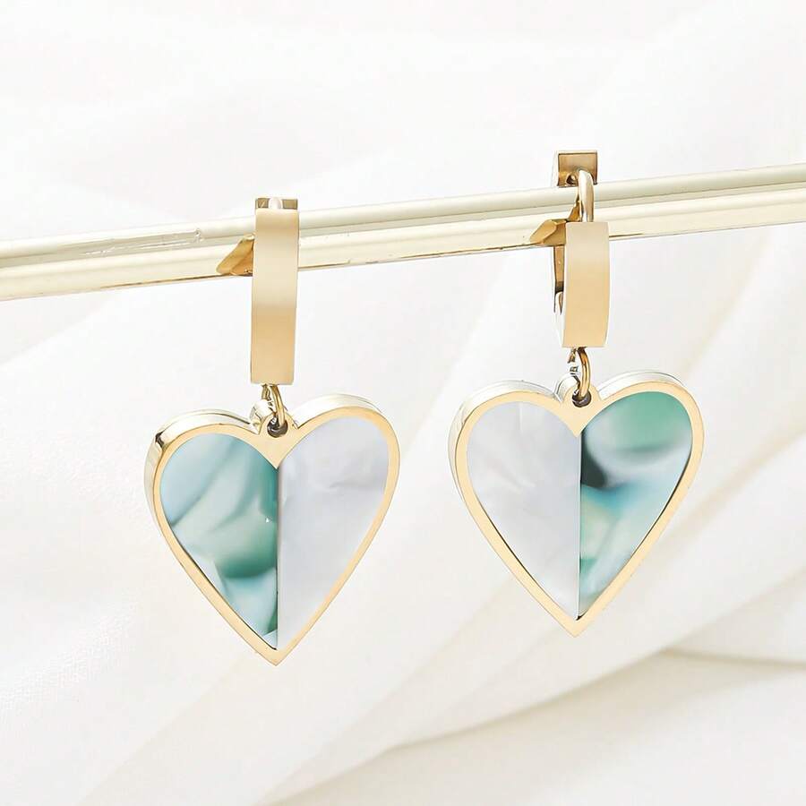 1 Pair Heart Shaped Earrings, European And American Artistic Luxury Design Stud Earrings, White And Green, Personalized Earrings - Multicolor - View 1