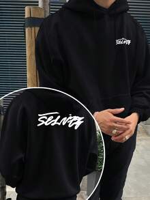 Men'S  Hooded Sweatshirt With Letter Print |   Casual Daily Drawstring Hoodie With Kangaroo Pocket Soft Comfortable Autumn And Winter Loose Fit Essentials Hoodie Hoodie Women Sweatshirts Women Hoodies Men's Hoodie Sweatshirts Men Essentials Fear - màu đen - Xem 6
