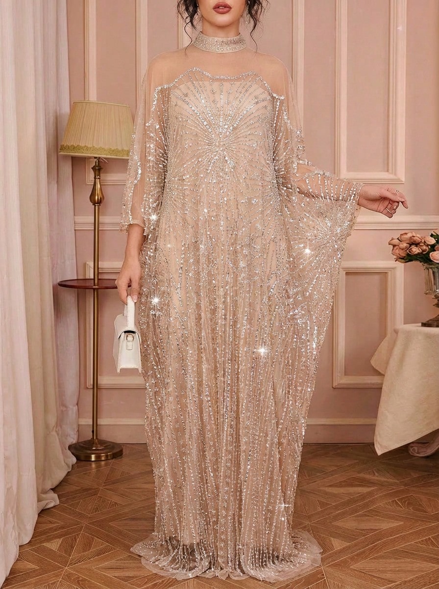 Solessence 新款奢华高端亮片、亮片蕾丝拼接弹力内衬女士优雅两件套土耳其长袍连衣裙（尺码偏大，建议顾客下单时查看尺码表）