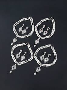 3pcs Luxurious Cubic Zirconia Necklace & Earrings Set, Faux Pearl Jewelry For Wedding, Party, Bridal Gown, Holiday, Birthday Gift - Jewelry Sets - View 3