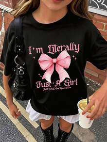 Teenage Girls' Cartoon Bow & Slogan Print Round Neck T-Shirt, Y2K Style Casual Soft & Comfortable Top, Spring/Summer - Black - View 9