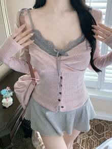 两件套 春季韩版蕾丝吊带背心和长袖修身露肩上衣 粉色 - 粉色 - 查看 5