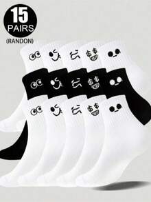 1/3/5/10/15/20双装女士卡通表情中筒袜，黑白配色，日系风格，可爱笑脸白色袜子，适合日常穿着 - 黑與白 - 查看 2