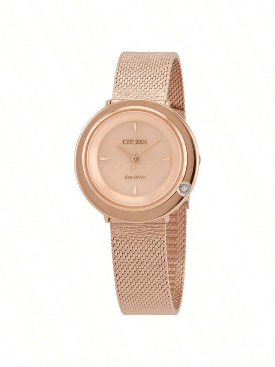 CITIZEN 一款优雅时尚的女士腕表，特点包括：玫瑰金不锈钢表壳、镶钻表圈、玫瑰金哑光表盘、米兰尼斯编织金属表带、矿物玻璃表镜、34毫米表壳直径、30米防水、太阳能机芯 - 智能太阳能驱动、电池续航时间长，展现现代女性的魅力。 - 玫瑰金 - 查看 1