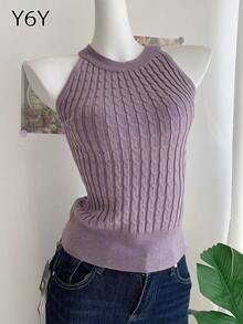 [Y6Y] Sleeveless Halter Neck Knit Tank Top, Women's Elegant Purple Blouse For Spring - Mauve Purple - View 5