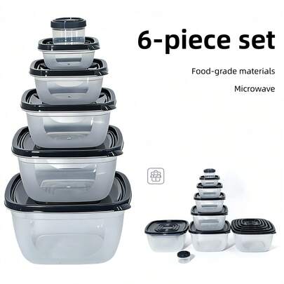 12件套黑白极简食品储物盒，6个带盖PP盒，防漏可微波炉加热，节省空间，厨房配件，可重复使用的午餐盒，适用于家庭、办公室、野餐、学校和节日礼物