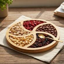 Round Bamboo Serving Tray, 25cm, With 5 Compartments. Perfect For Serving Cold Cuts, Snacks, And Fruit. - Xem 3