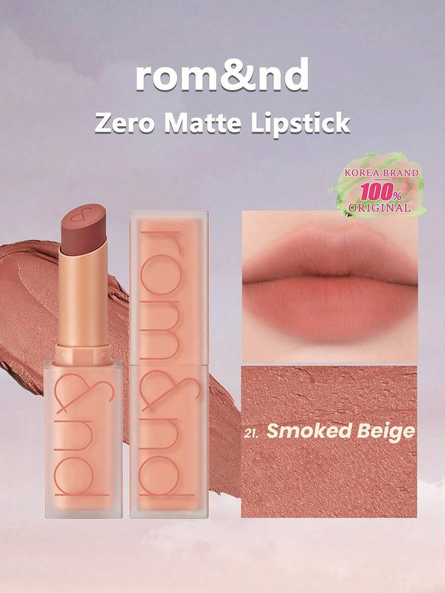 Rom&nd ZERO MATTE 唇膏 #21 烟熏米色，丝绒哑光质地，轻盈不干燥，柔焦哑光妆效，模糊唇部效果，日常哑光妆容，专业化妆品，特殊场合，韩式妆容，3克/0.11盎司。