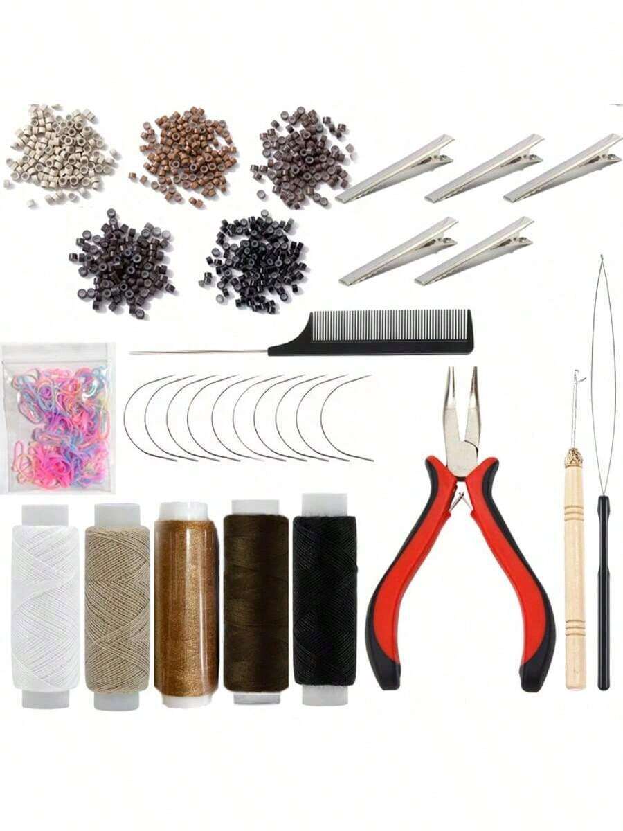 Hair Extension Kit, Includes Micro Link Tool Kit, Silicone Nano Beads, Extension Pliers, Sewing Thread Roll, Pull Ring, Hook Needle, 5pcs Clips, 1pc Comb, Rubber Bands - View 1