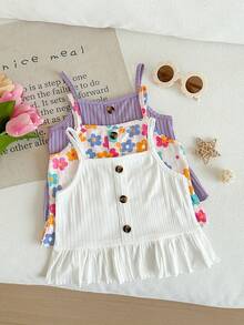 3pcs/Set Young Girl Fashionable Casual Floral Print White & Purple Off-Shoulder Ruffle Camisole, Suitable For Party, Leisure, Vacation, Outdoor, Home Wear In Summer - Multicolor - View 2