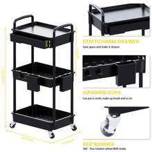 3 Tier Rolling Utility Cart Organizer With Removable Drawer, Stable And Sturdy Black Rolling Storage Carts With 2 Lockable Wheels For Bathroom, Kitchen, Snack, Craft, Makeup, Baby Essentials,Christmas Gifts - 黑色 - 查看 3