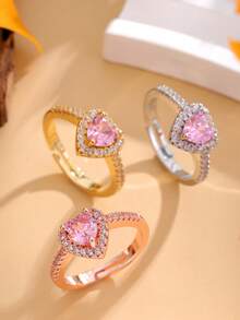 心形闪耀粉钻开口戒指，奢华女士珠宝 - 愛心戒指 - 查看 1