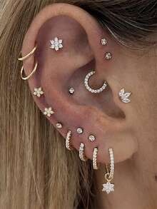 17 件复古迷你锆石镶嵌花卉耳环和耳夹套装，铜首饰配饰适合女性派对和宴会 - 金黃色 - 查看 1