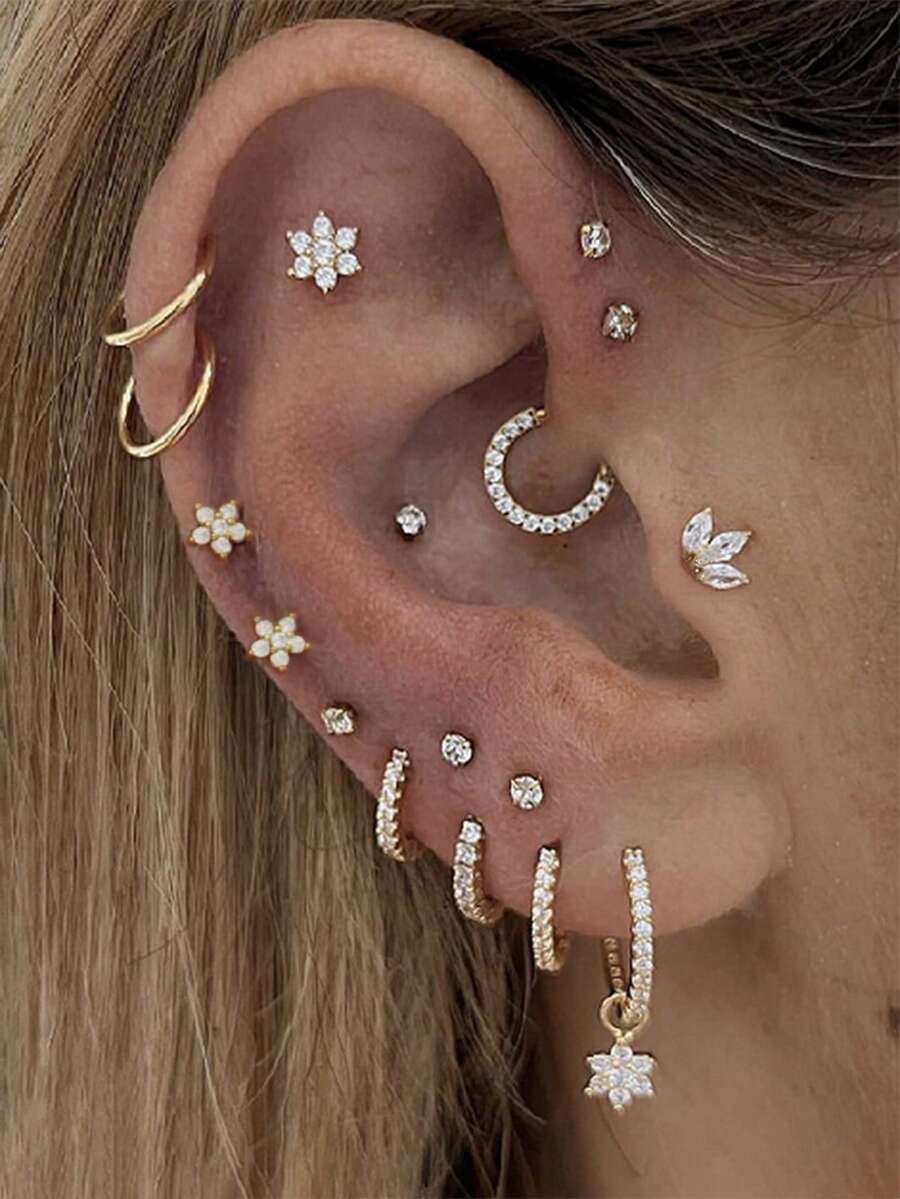17 件复古迷你锆石镶嵌花卉耳环和耳夹套装，铜首饰配饰适合女性派对和宴会 - 金黃色 - 查看 1