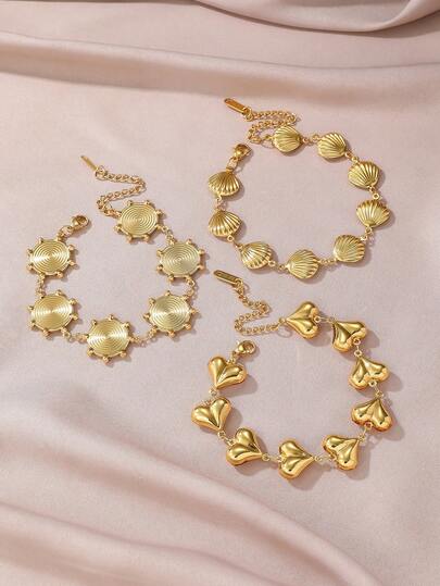  1 pieza Pulsera de acero inoxidable con cuentas con forma de corazón y concha, estilo playa, impermeable, enchapada en oro de 18K, para mujer