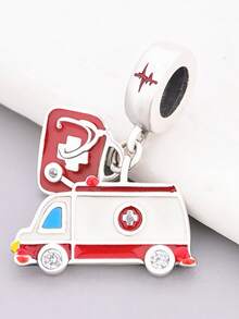 1件 S925 純銀救護車與聽診器雙吊飾，紅白色樹脂 ECG 心跳設計鑲鋯石，醫療主題 DIY 手鍊穿孔銀珠吊墜 - 銀色 - 查看 3