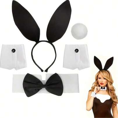 5pcs Luxury Elegant Black & White Rabbit Costume Set, Including Rabbit Ear Headband, Gloves, Bow Tie, Sleeve Cuffs And Tail. Suitable For Easter Party Cosplay, Valentine's Day Date With Boyfriend, Ball And Music Festival Costume Accessories