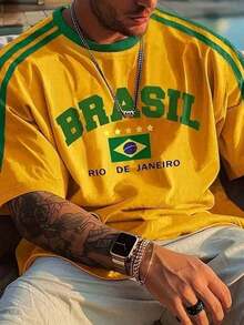 Men's Brazil Football T-Shirt, Short Sleeve, Timi Casual Summer T-Shirt - 黃色 - 查看 1