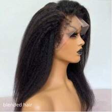 180% Density Kinky Straight Wig Human Blended Hair 13x4 HD Lace Front Wigs Human Blended Hair Wigs For Black Women Yaki Straight Human Blended Hair Wig Glueless Frontal Wigs Human Blended Hair Pre Plucked Wig 8-36inch - Natural & Black - View 3