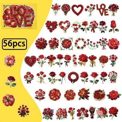 56 Pcs New Red Rose Floral Clear PET Stickers - Heart-Shaped Bouquet Decals For Romantic Holiday & Birthday Decoration