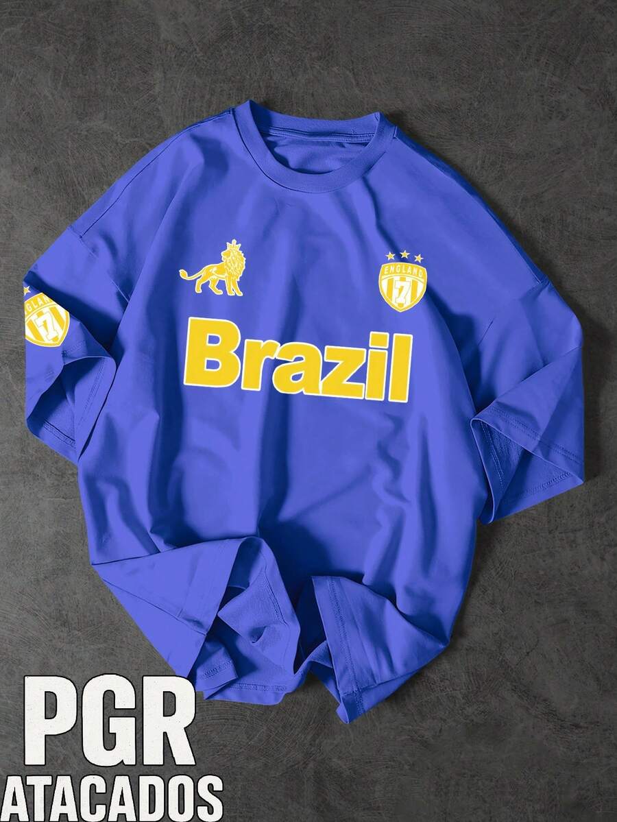 American Sports T-Shirt Brazil Football Street Style International Unisex Men's Women's 100% Cotton Top Premium Streetwear New Release Immediate Shipping Various Colors!! - 寶藍色 - 查看 1