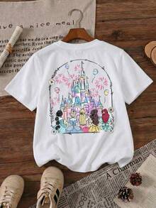 Disney Princess Squad Bow Frame Ariel Belle Aurora Jasmine Printed Pattern T-Shirts For Girls - Children's Clothing Design Short-Sleeved Casual And Cute Style Comfortable And Casual Wear All Year Round Suitable For Parties And Play Machine Washable Gift Children's Clothing Girls' Short-Sleeved Shirts - 白色 - 查看 2