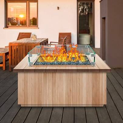 14x14x6 To 38x10.5x6 Inch Fire Pit Wind Guard, Glass Flame Guard, Rectangular Glass Shield, 0.3 Inch Thick Fire Table, Clear Tempered Glass Flame Guard, Aluminum Alloy Feet For Propane, Gas, Outdoor