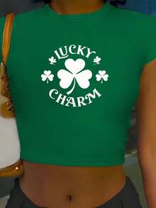 Women Casual Green Lucky Charm Graphic Crop T-Shirt Round Neck Short Sleeve Polyester Medium Stretch Top - màu xanh lá - Xem 6