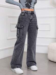 Jeans Rectos de Cargo de Lavado Desgastado de Color Gris Oscuro para Mujer, Pantalones Modernos y Casuales - Gris Oscuro - Ver 3