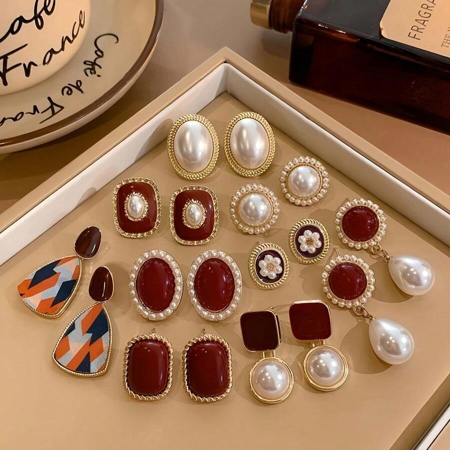 18pcs/Set Women's Fashion Jewelry Set, Retro Elegant Burgundy Geometric Faux Pearl Earrings Set, Suitable For Daily Casual Wear Or Holiday Gifts - Geometry - View 1