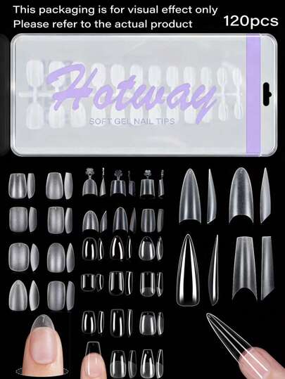  HOTWAY 120片装 - 短款、中款、长款杏仁形、方形、圆形、棺材形 - 透明哑光亚克力假指甲，12-15种尺寸可选，是美甲和DIY美甲的理想之选