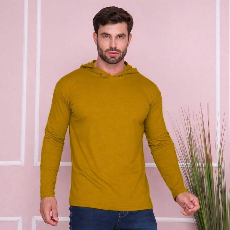 Men's Long-Sleeved Shirt With Hood - Mustard Yellow - View 1