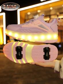 YAOSF Zapatos con ruedas para niños/adolescentes - Versión mejorada con mayor estabilidad, zapatos deportivos 2 en 1 desmontables, zapatos de patinaje sobre ruedas geniales para la calle, zapatos deportivos luminosos para exteriores, zapatos para padres e hijos, nuevos patines en línea, zapatos con luces para la noche, zapatos con ruedas recargables por USB, zapatos con ruedas y luces LED, zapatos deportivos con suela con luces LED para niños/niñas, estudiantes, zapatos con ruedas para deportes al aire libre - Rosa - Ver 13